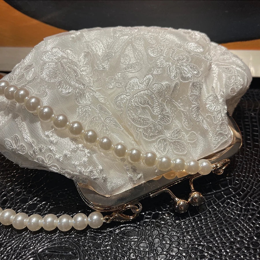 Embroidered Evening Handbags Pearl Chain Shoulder Bag