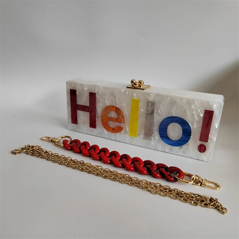Pearl White Name Letter Hello  Acrylic Clutch Bag