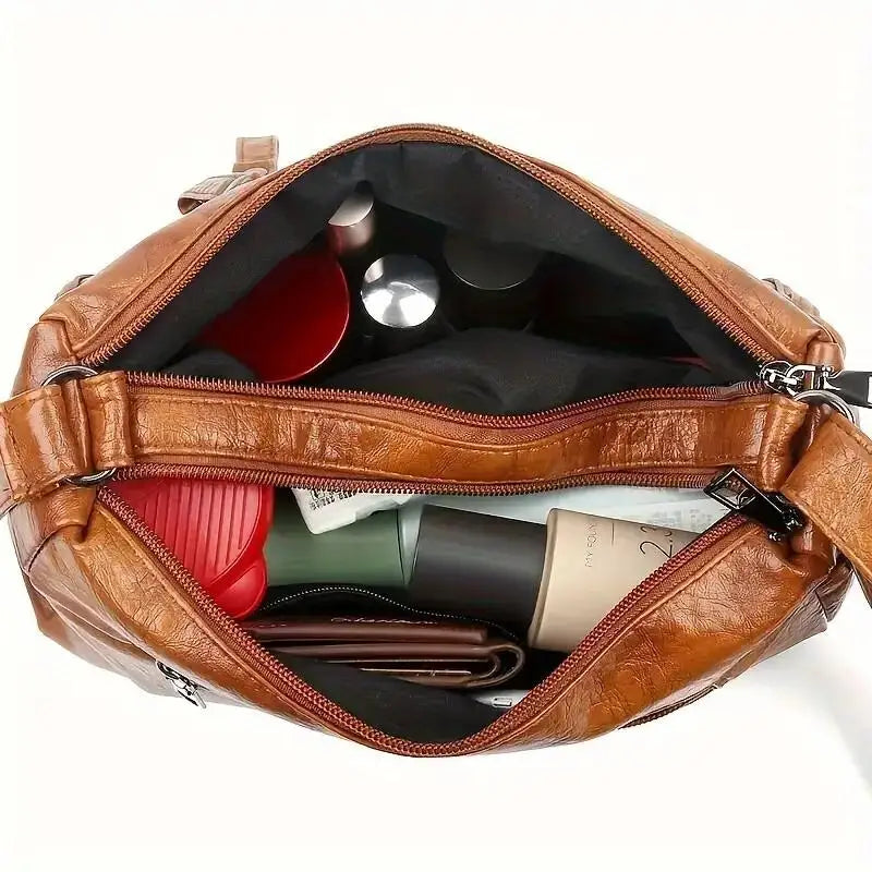 Women Shoulder Bag Large Capacity Washed Leather Messenger Bag with Multi Zipper