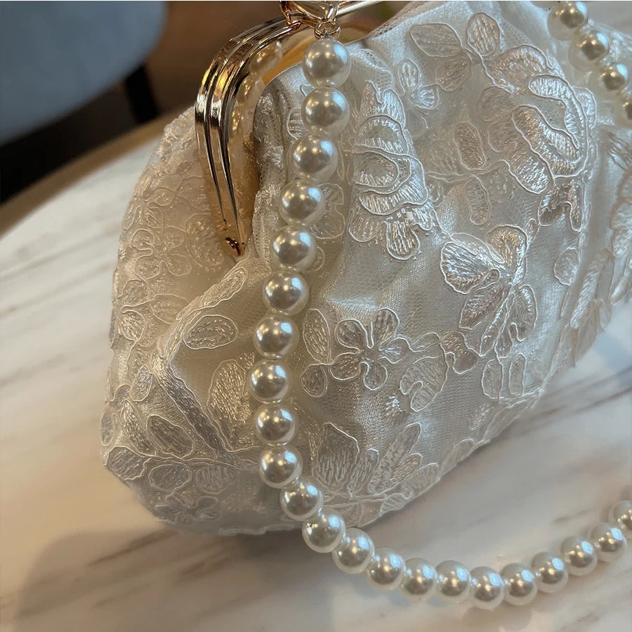 Embroidered Evening Handbags Pearl Chain Shoulder Bag