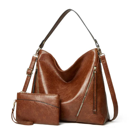 Women's Hobo Bag in Genuine Full Grain Leather with Adjustable Strap and Zipper Closure