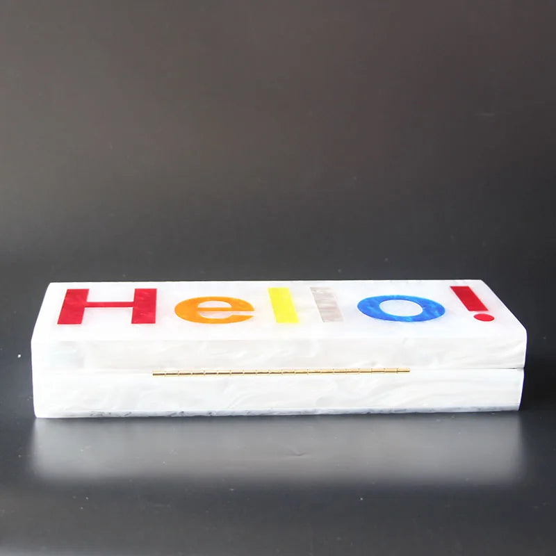 Pearl White Name Letter Hello  Acrylic Clutch Bag