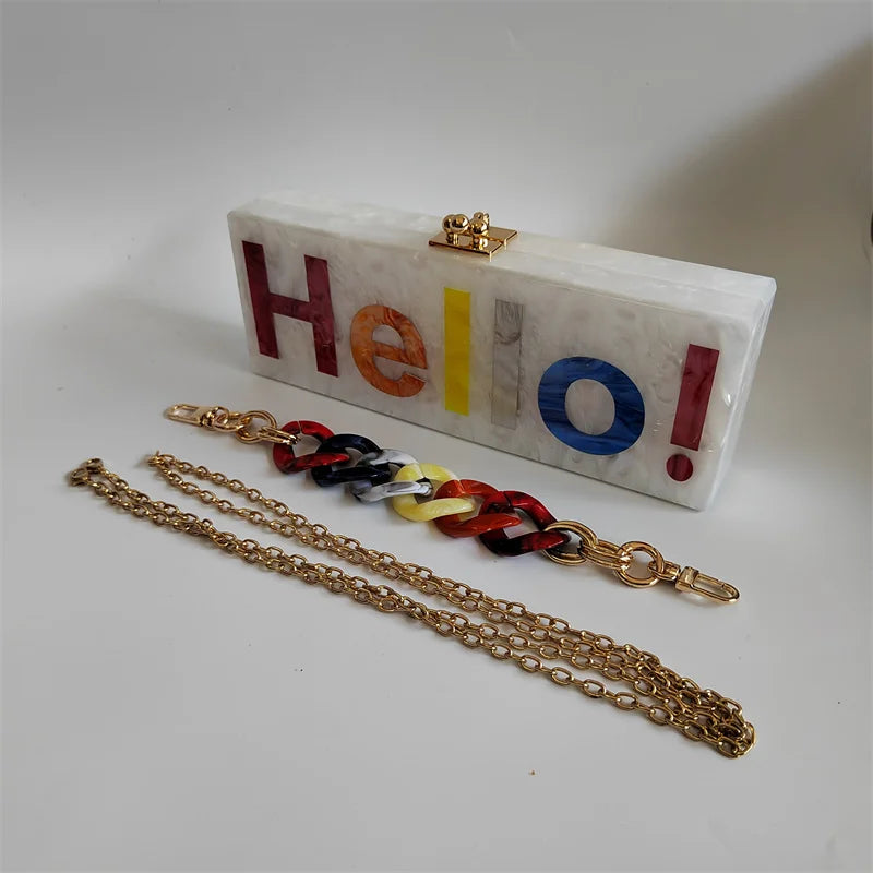 Pearl White Name Letter Hello  Acrylic Clutch Bag