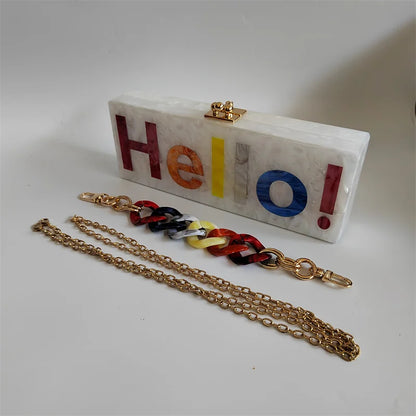 Pearl White Name Letter Hello  Acrylic Clutch Bag