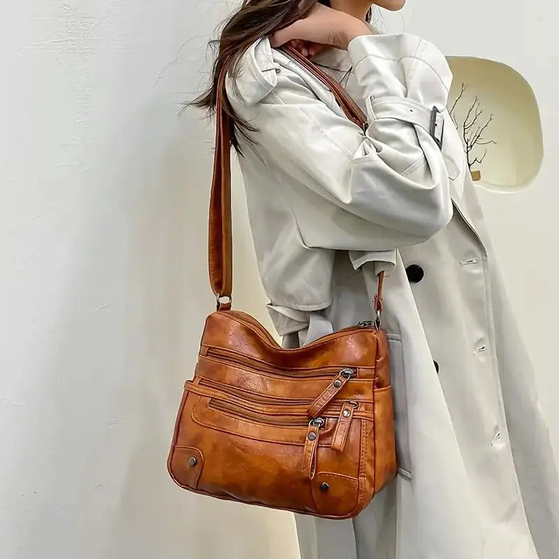 Women Shoulder Bag Large Capacity Washed Leather Messenger Bag with Multi Zipper