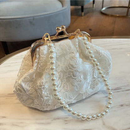 Embroidered Evening Handbags Pearl Chain Shoulder Bag