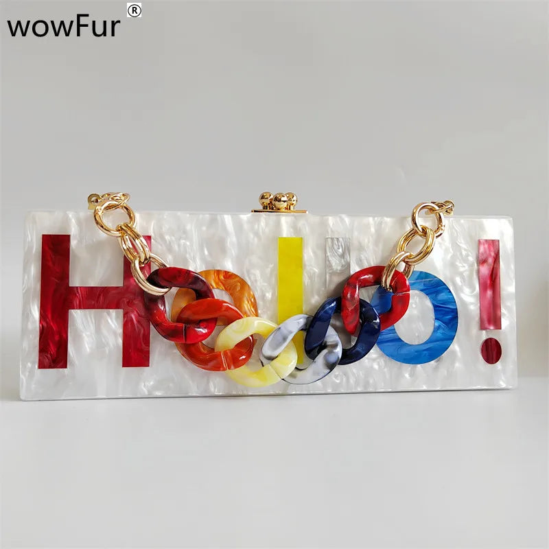 Pearl White Name Letter Hello  Acrylic Clutch Bag