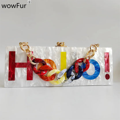 Pearl White Name Letter Hello  Acrylic Clutch Bag