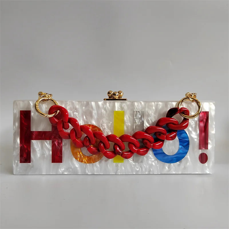 Pearl White Name Letter Hello  Acrylic Clutch Bag