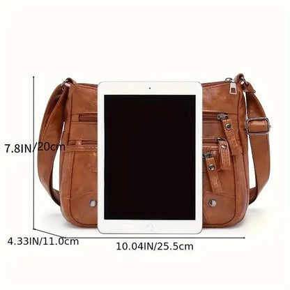 Women Shoulder Bag Large Capacity Washed Leather Messenger Bag with Multi Zipper