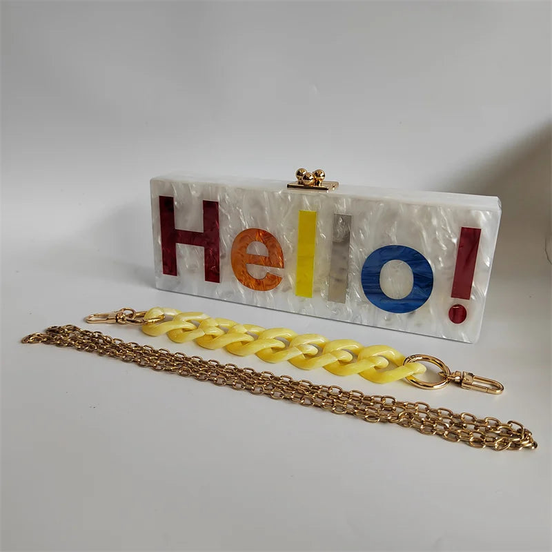 Pearl White Name Letter Hello  Acrylic Clutch Bag