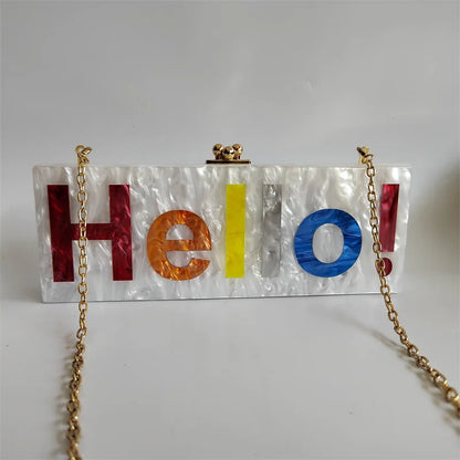 Pearl White Name Letter Hello  Acrylic Clutch Bag