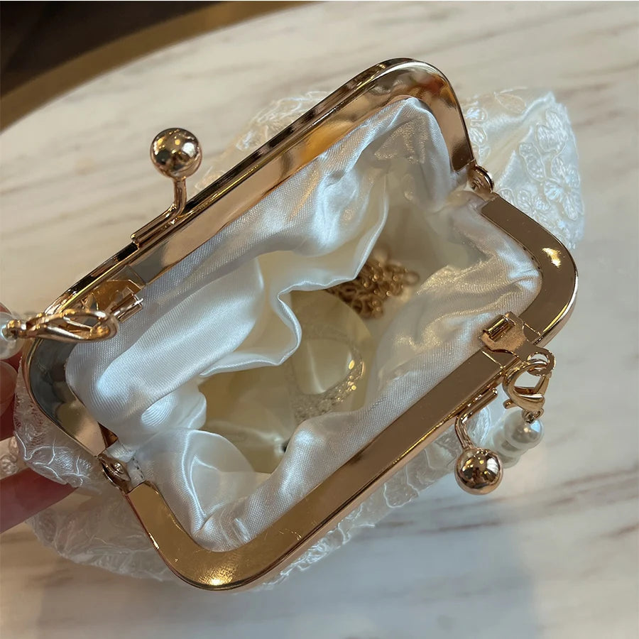 Embroidered Evening Handbags Pearl Chain Shoulder Bag