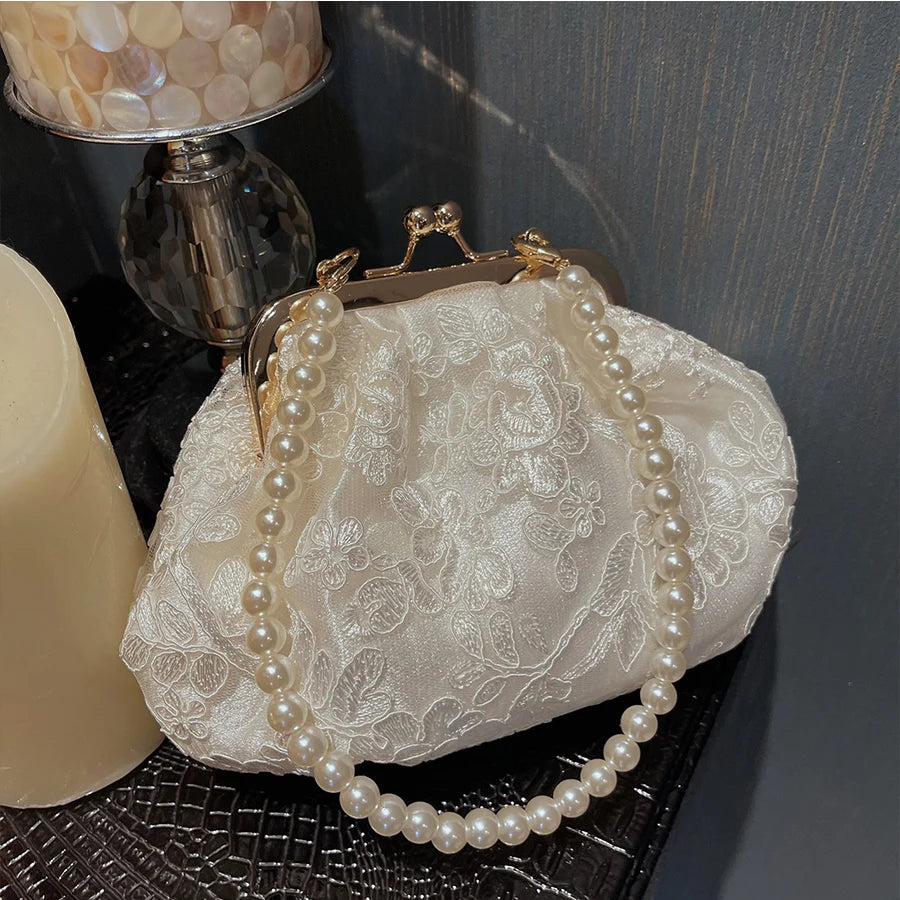 Embroidered Evening Handbags Pearl Chain Shoulder Bag