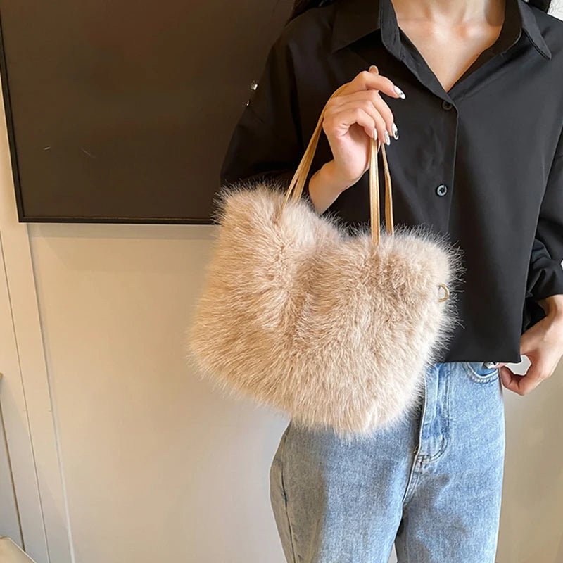 Furry Handbag Pearl Chain Plush Small Square Elegant Shoulder Autumn Winter Versatile Crossbody Bag