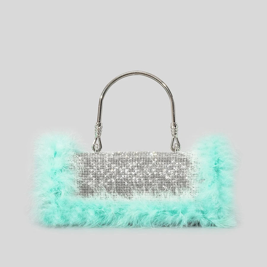 Ostrich Feathers Diamonds Evening Bags Rhinestone Women Handbag Faux Fur Shoulder Crossbody Bag