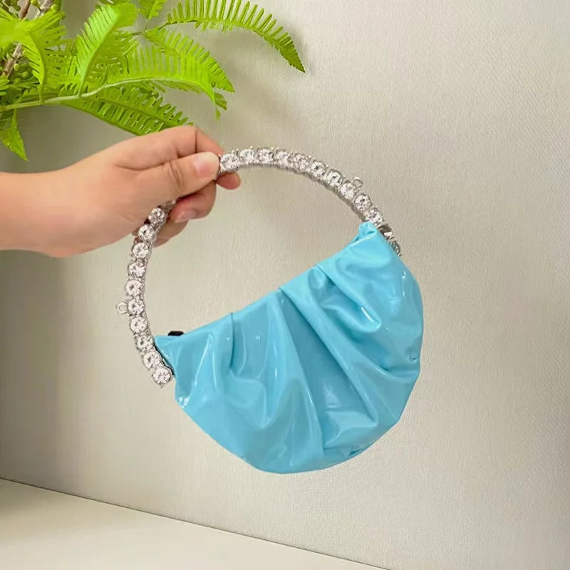 Circular Metal Handle Mini Bag  Glitter Shiny Rhinestone Evening Bag