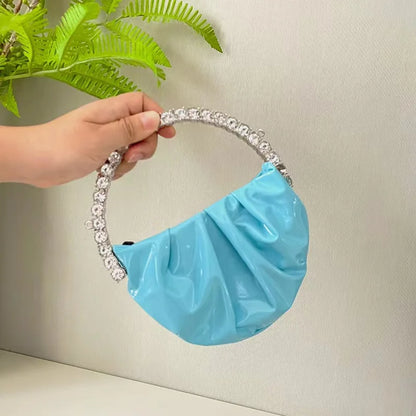 Circular Metal Handle Mini Bag  Glitter Shiny Rhinestone Evening Bag
