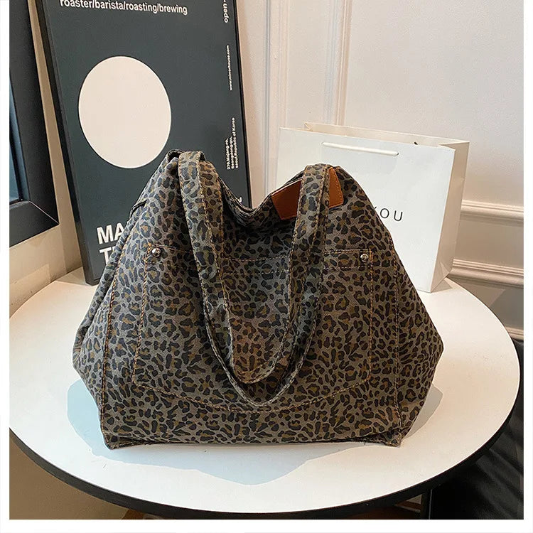 Leopard Pattern Tote Bag Vintage Canvas Shoulder Bag