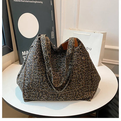 Leopard Pattern Tote Bag Vintage Canvas Shoulder Bag