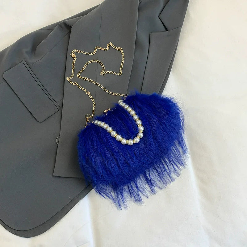 Furry Crossbody Bag with Pearl Handle Chain Plush Shoulder Bags for Women