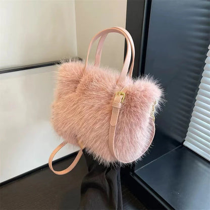 Furry Handbag Pearl Chain Plush Small Square Elegant Shoulder Autumn Winter Versatile Crossbody Bag
