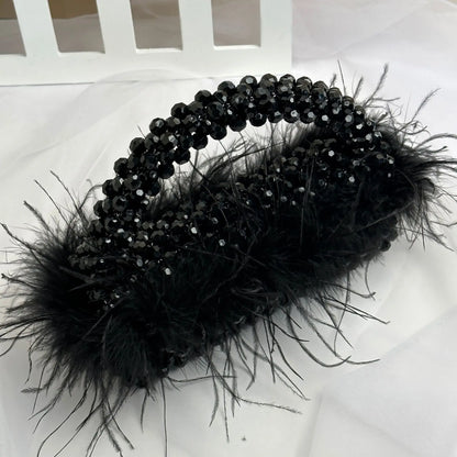 Handmade Ostrich Hair Beaded Bag Clear Acrylic Crystal Stone Box Handbag