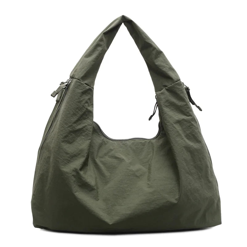 Chic Solid Color Nylon Tote Bag with Multiple Zipper Pockets, Large Capacity Casual Shoulder Bag
