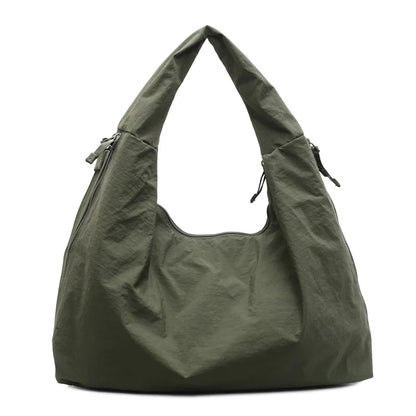 Chic Solid Color Nylon Tote Bag with Multiple Zipper Pockets, Large Capacity Casual Shoulder Bag