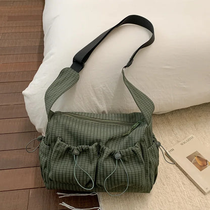 Korean Style Shoulder Bag  Simple Plaid Zipper Tote Bag