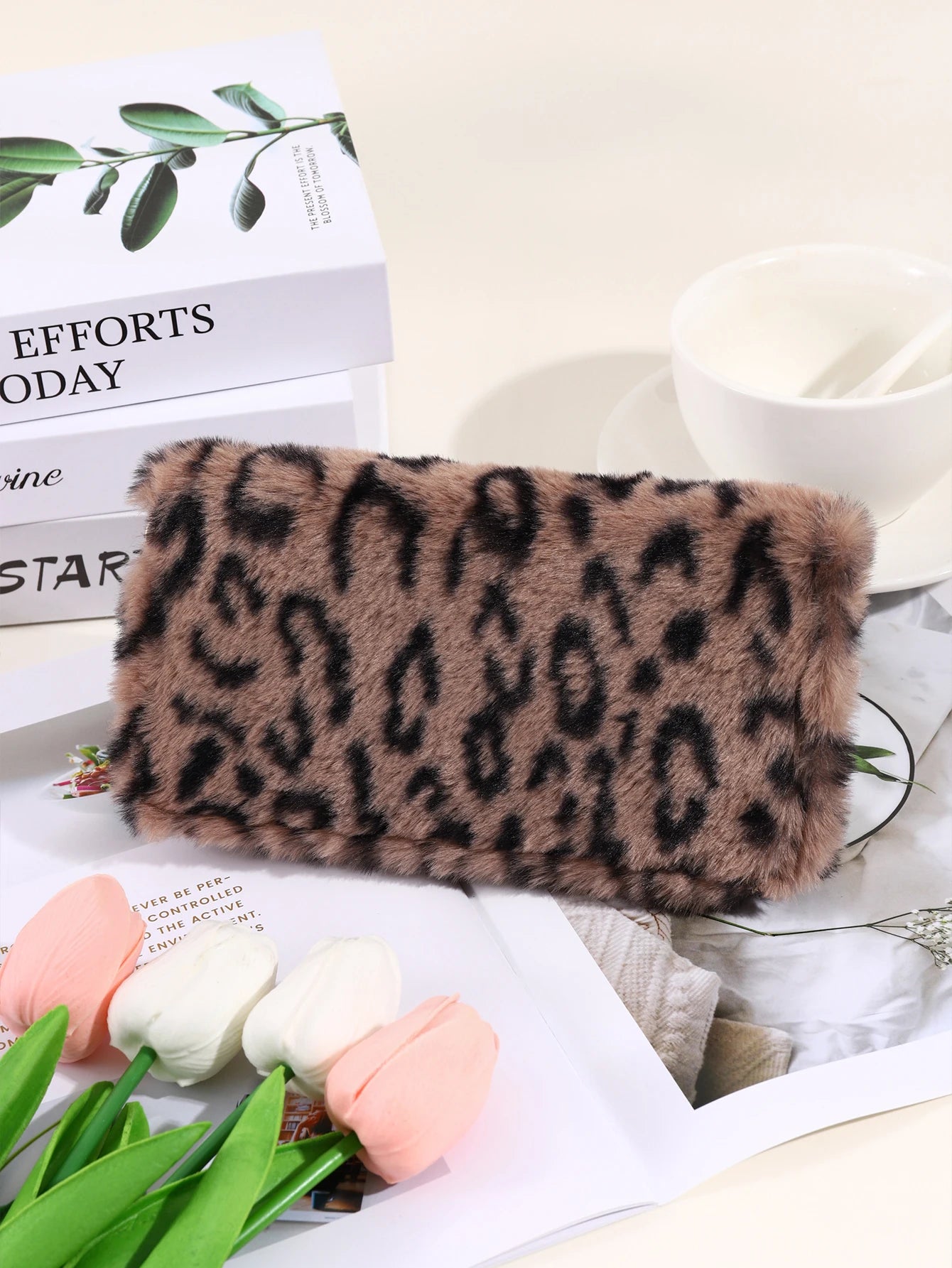 Plush Coin Purse, Stylish Leopard Print Long Wallet, Portable For Daily