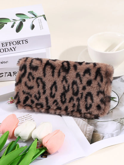 Plush Coin Purse, Stylish Leopard Print Long Wallet, Portable For Daily