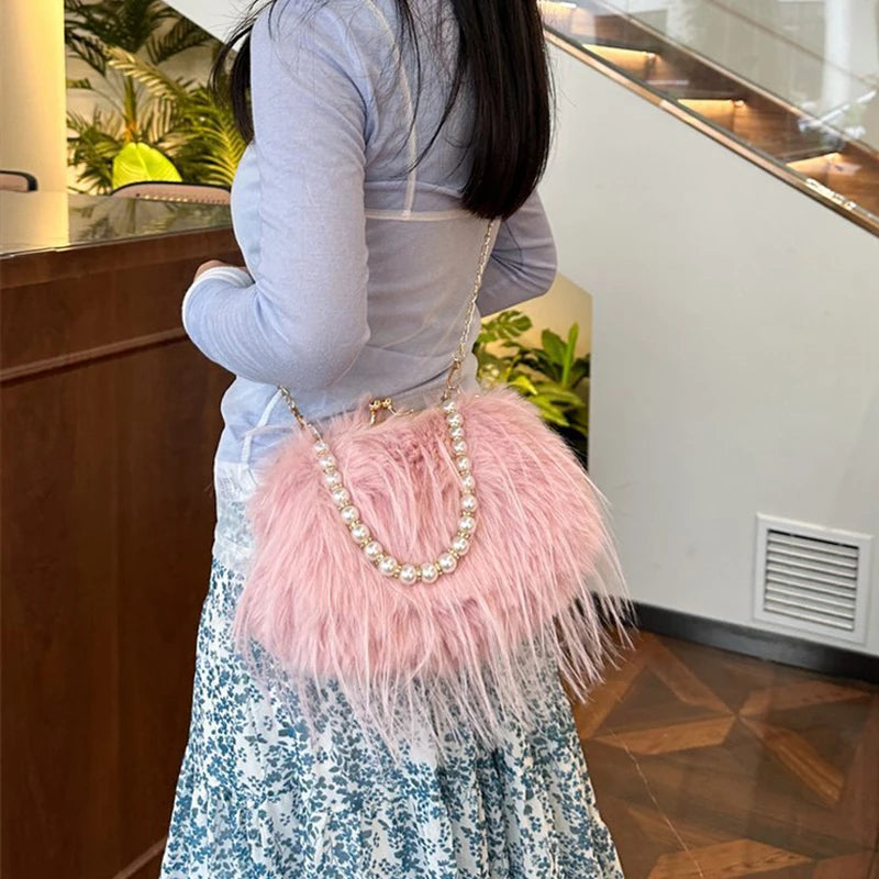 Furry Crossbody Bag with Pearl Handle Chain Plush Shoulder Bags for Women