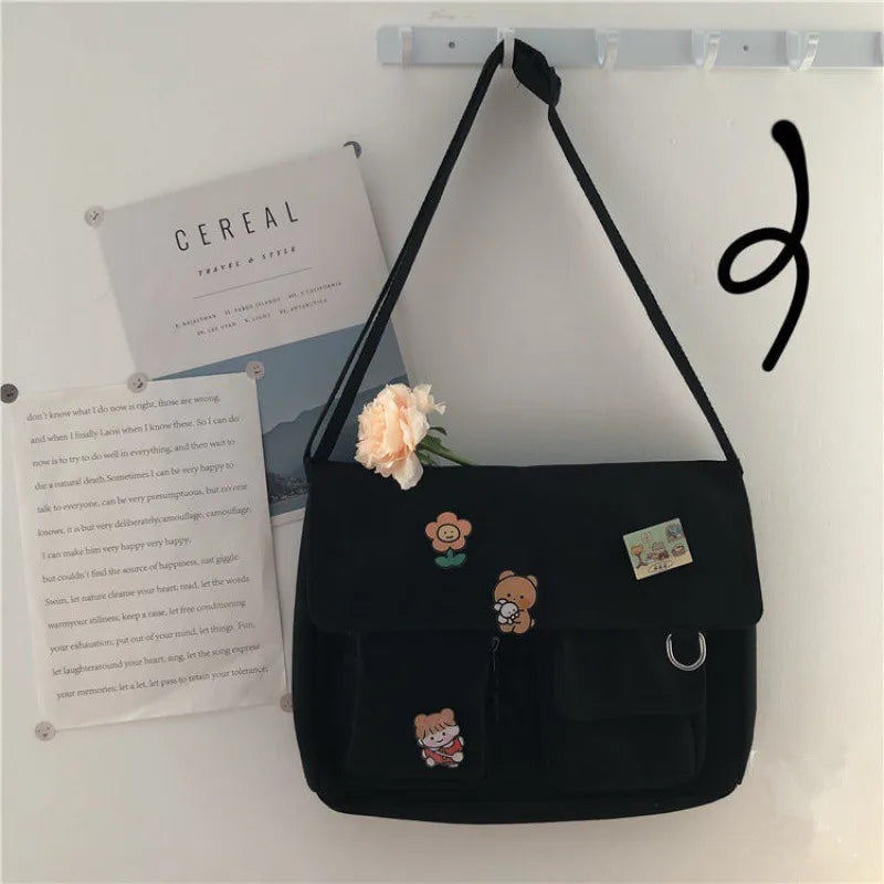 Japanese Harajuku Cute Retro Girl Shoulder Bag Chic Badge Canvas Crossbody Bags