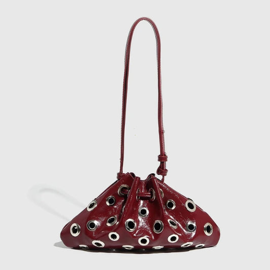 Women Metal Stud Y2k Shoulder Bag Large Capacity Retro Hollow Handbag Drawstring Crossbody Bag