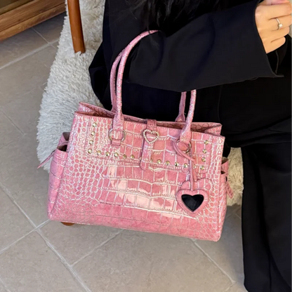 Light Luxury Crocodile-print Handbag For Hot Girls Pink Heart Pattern