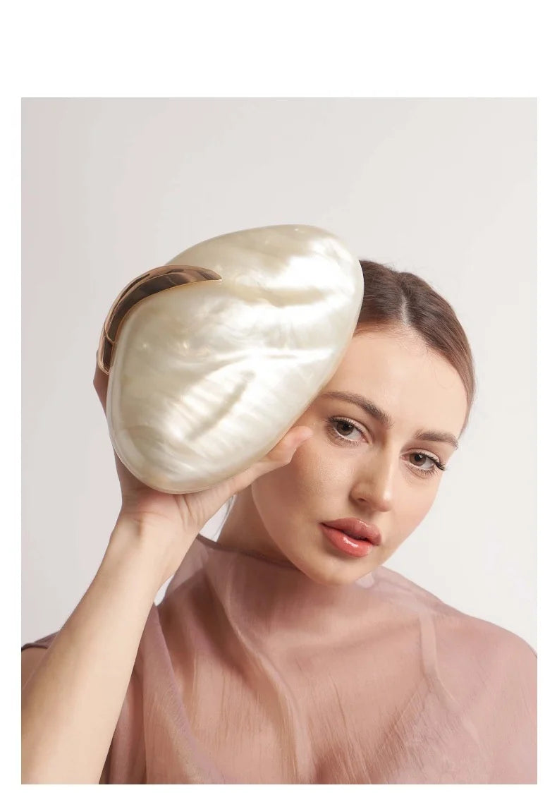 Flower Oval Egg Shell Acrylic Pearl Beige Frame Purse Women Wedding Evening Party  Ivory Handbag Mini Beach Bags