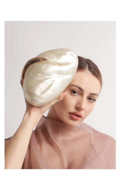 Flower Oval Egg Shell Acrylic Pearl Beige Frame Purse Women Wedding Evening Party  Ivory Handbag Mini Beach Bags