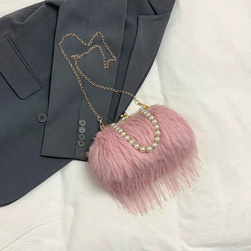 Furry Crossbody Bag with Pearl Handle Chain Plush Shoulder Bags for Women
