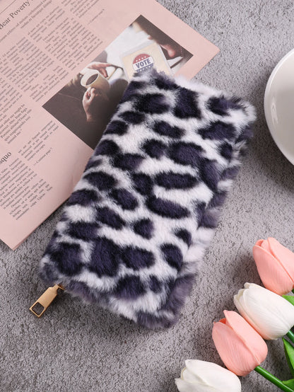 Plush Coin Purse, Stylish Leopard Print Long Wallet, Portable For Daily