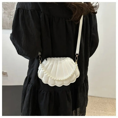 Cute Shell Shoulder Bag Minimalist with Pearls Design PU Leather Pearl Decorated Handbag for Women