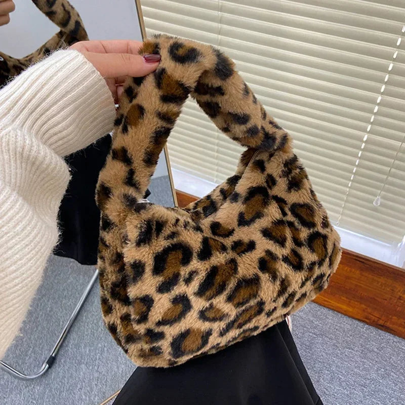 Y2k Korean Plush Retro Leopard Print Bags for Women