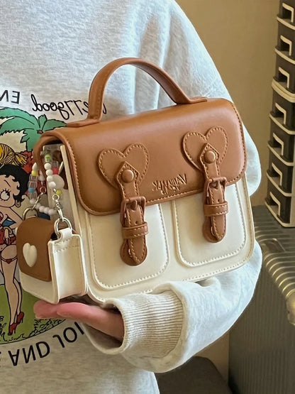 Women's Handbag Brown Purple Shoulder Bag with Small Earphone Bag on Side