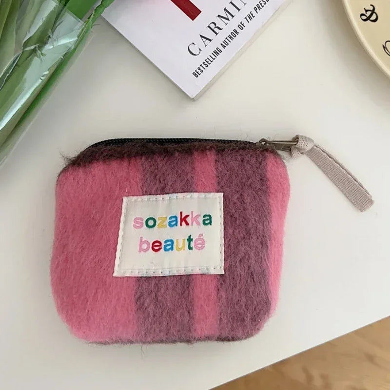 Stripes Plush Coin Purse Cute Key Money Card Case Bags Small Coin Bags for Women