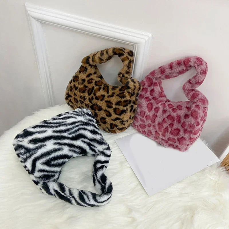 Y2k Korean Plush Retro Leopard Print Bags for Women