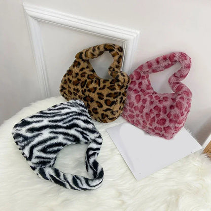 Y2k Korean Plush Retro Leopard Print Bags for Women
