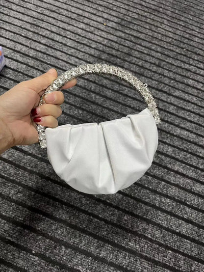 Circular Metal Handle Mini Bag  Glitter Shiny Rhinestone Evening Bag