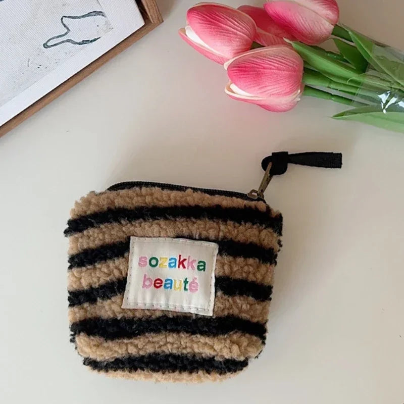 Stripes Plush Coin Purse Cute Key Money Card Case Bags Small Coin Bags for Women