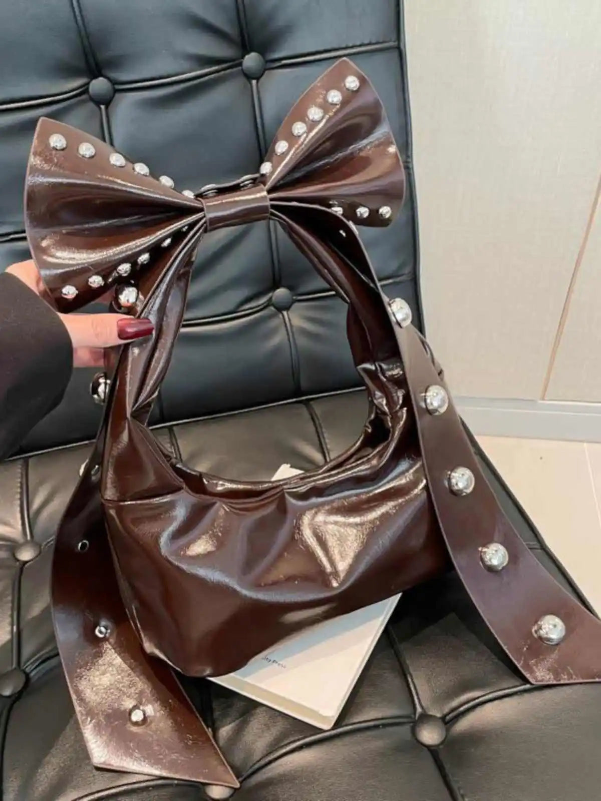 Bow Y2K Style Solid Color Leather Underarm Bag