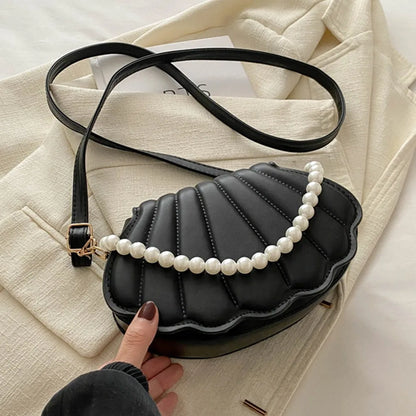 Cute Shell Shoulder Bag Minimalist with Pearls Design PU Leather Pearl Decorated Handbag for Women